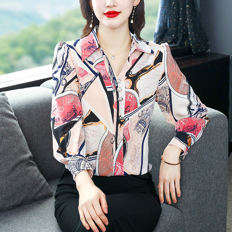 V-neck printing chiffon tops spring slim shirt for women