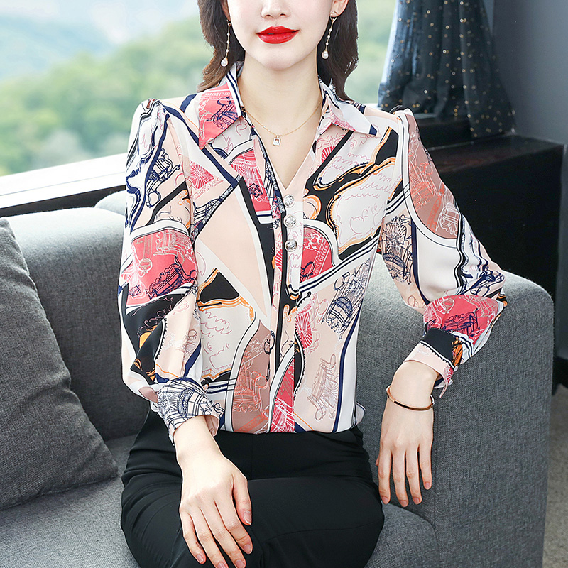 V-neck printing chiffon tops spring slim shirt for women