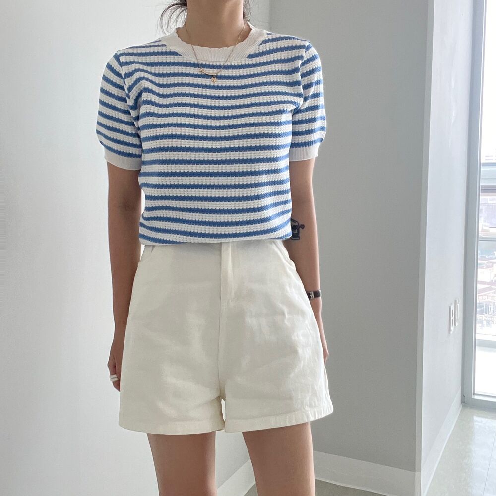 All-match stripe T-shirt spring and summer puff sleeve tops