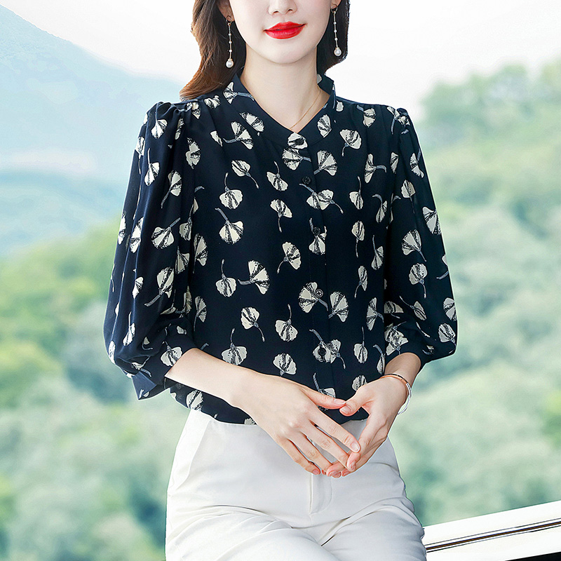Western style short sleeve tops silk chiffon shirt for women