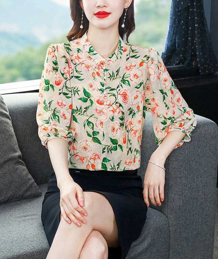 Cstand collar short sleeve shirt floral chiffon shirt