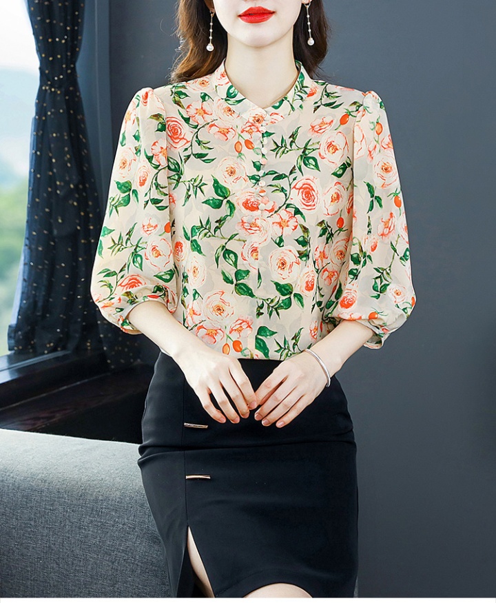 Cstand collar short sleeve shirt floral chiffon shirt