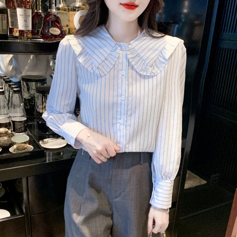 Spring stripe chiffon shirt France style lace shirt for women