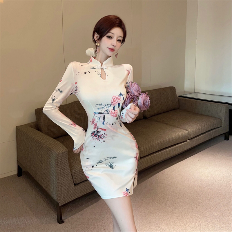 Printing slim cheongsam retro split dress