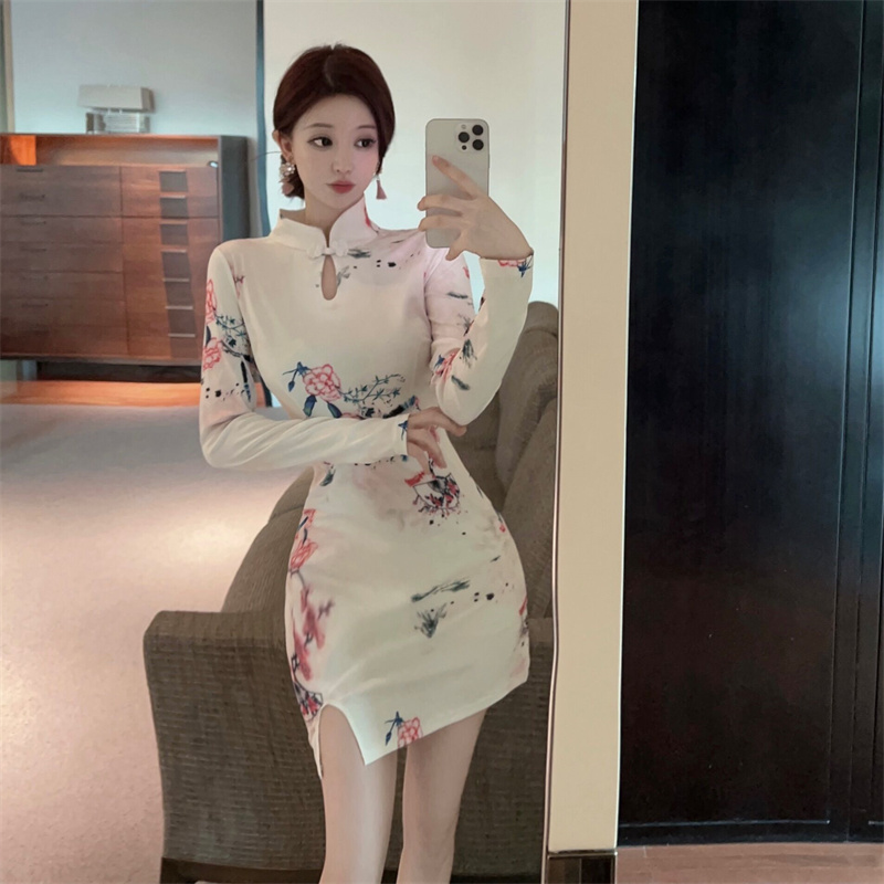 Printing slim cheongsam retro split dress