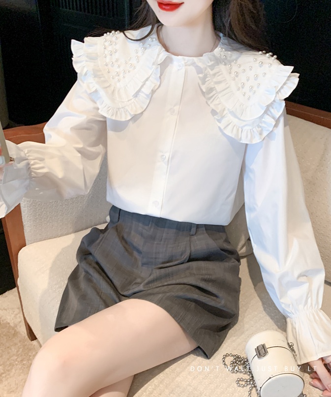 Trumpet sleeves sweet spring tops lace beading chiffon shirt