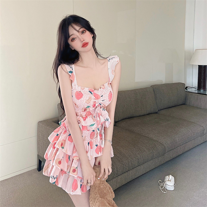 Sling summer tops sweet style printing dress a set