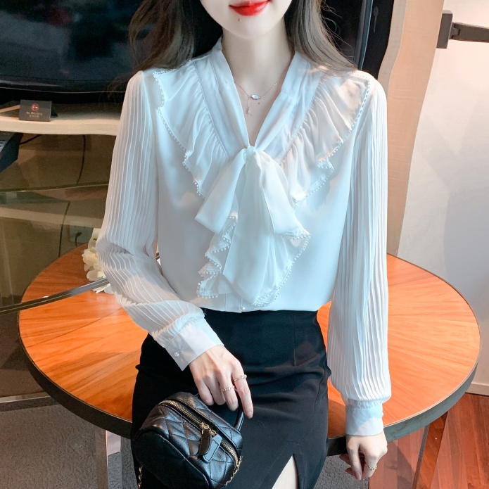 Bow V-neck chiffon shirt spring tops