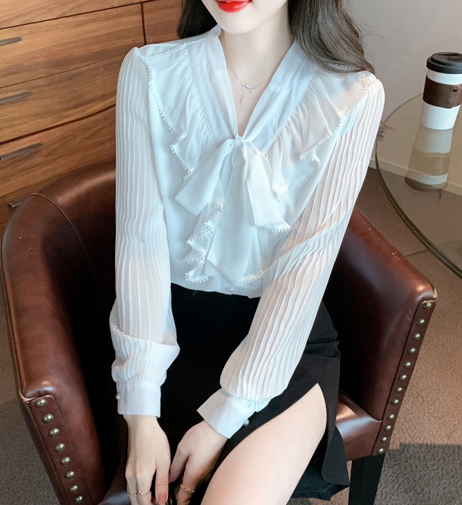 Bow V-neck chiffon shirt spring tops