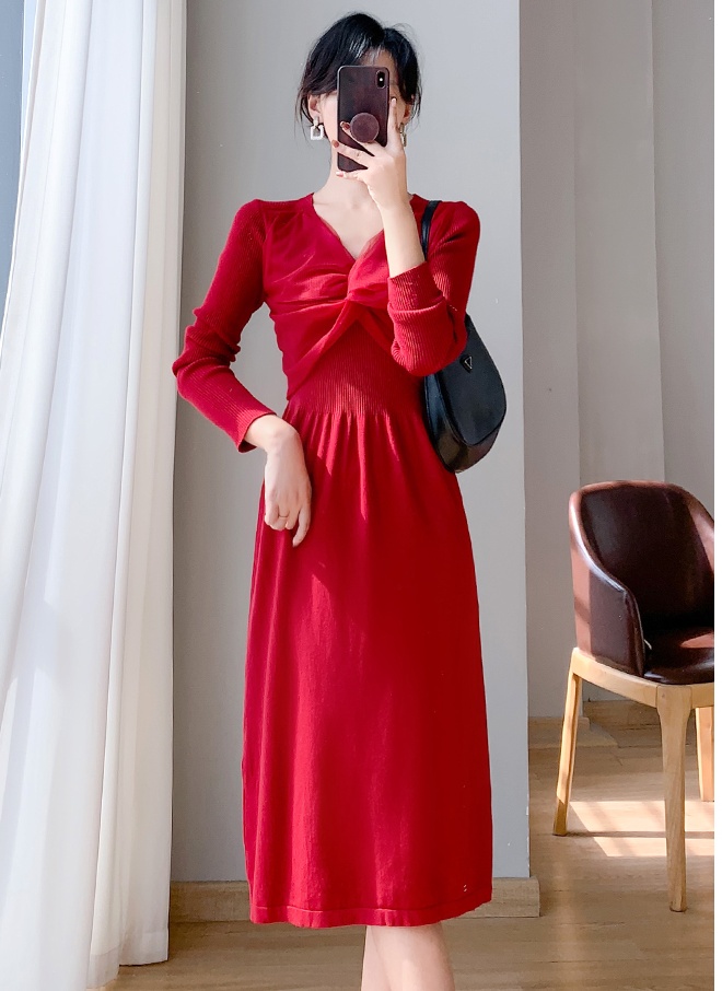 Slim temperament red knitted France style dress