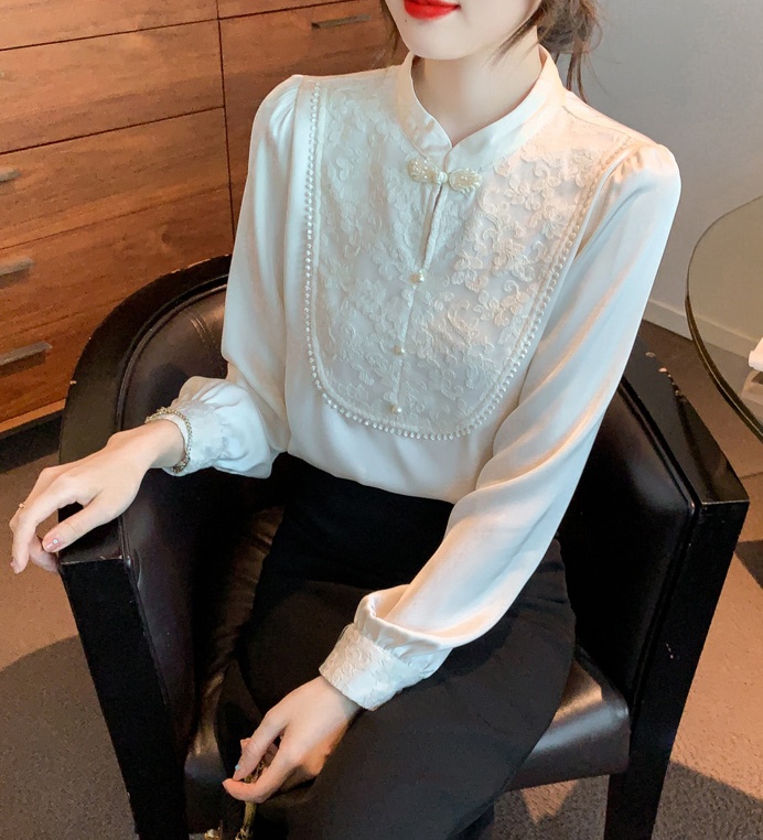 Lace retro small shirt spring pearl chiffon shirt for women