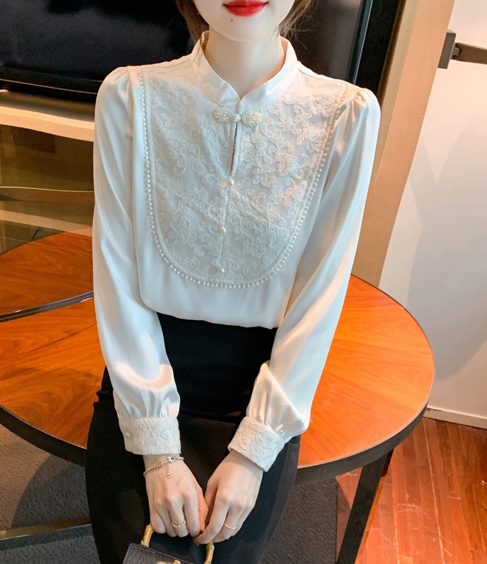 Lace retro small shirt spring pearl chiffon shirt for women