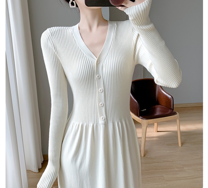 Long sleeve V-neck dress pinched waist sweater dress for women