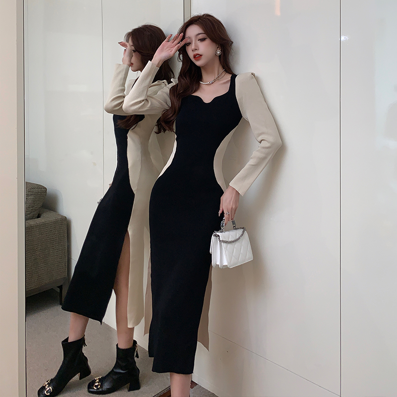 Temperament split Korean style V-neck knitted dress for women