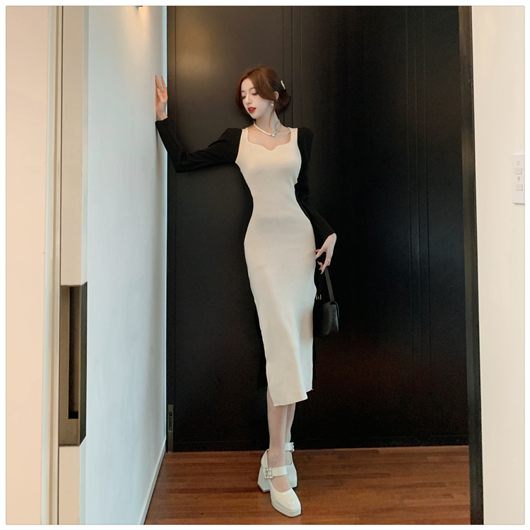 Temperament split Korean style V-neck knitted dress for women