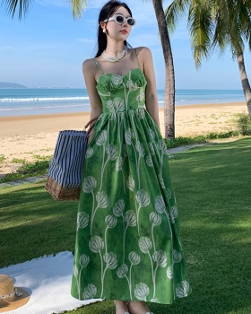 Green pinched waist dress sling small strap beach dress