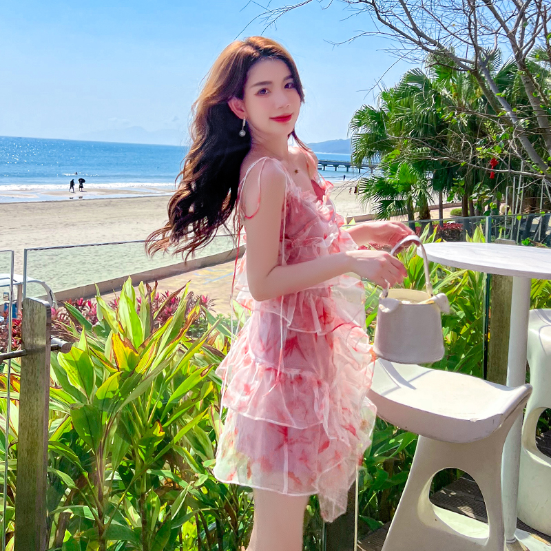 Floral seaside vacation dress lady sling beach dress