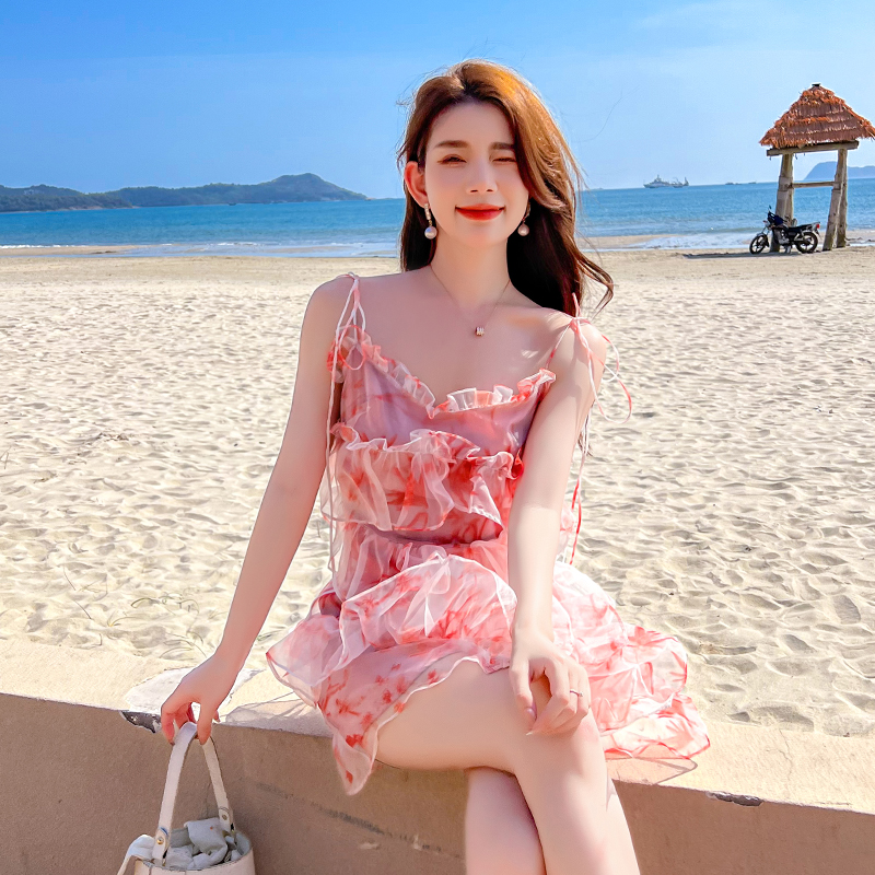 Floral seaside vacation dress lady sling beach dress