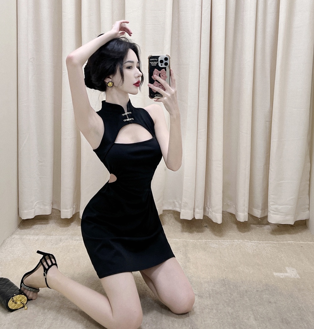 Black short slim cheongsam maiden light retro dress