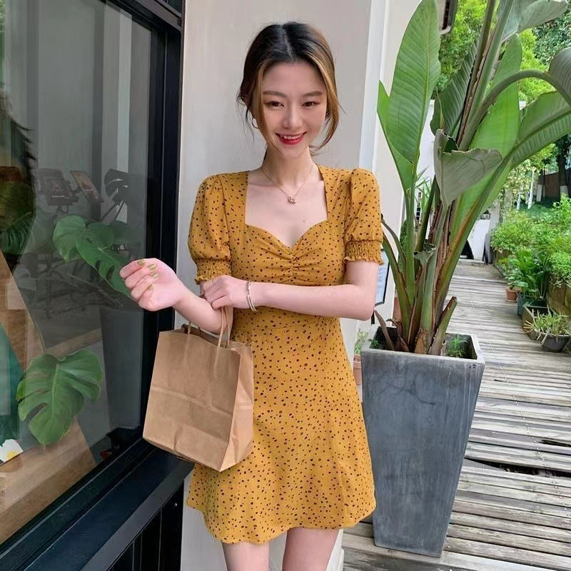 Puff sleeve short sleeve summer yellow dress for women