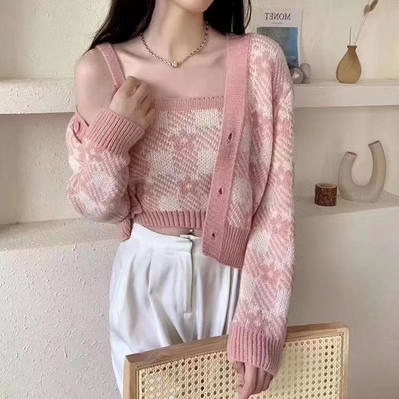 Sexy pullover college style lazy short sweater 2pcs set