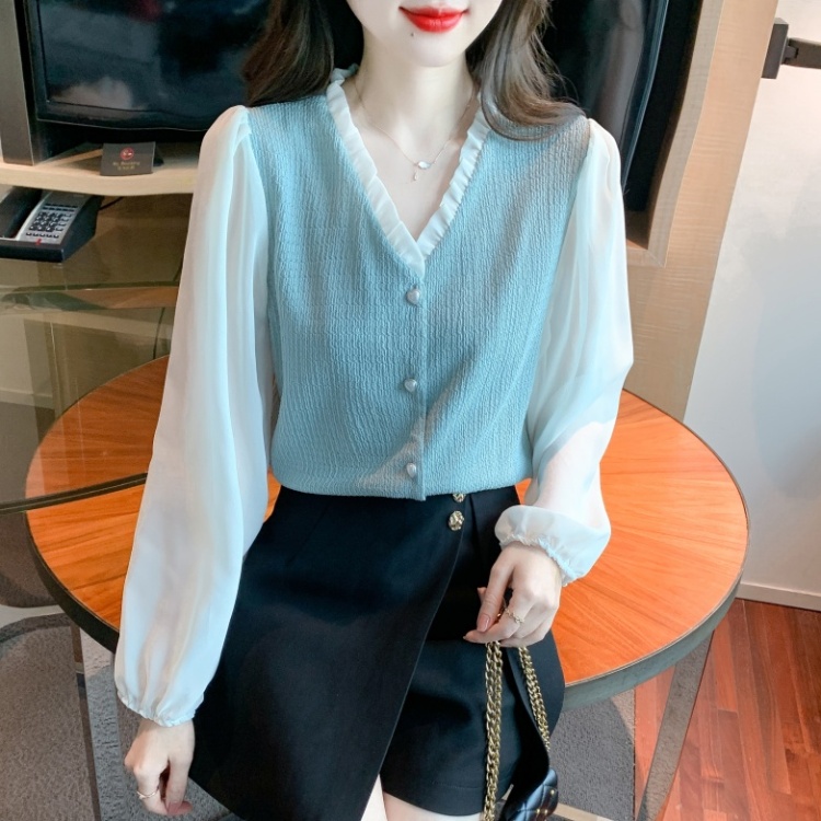 Puff sleeve V-neck chiffon shirt spring shirt