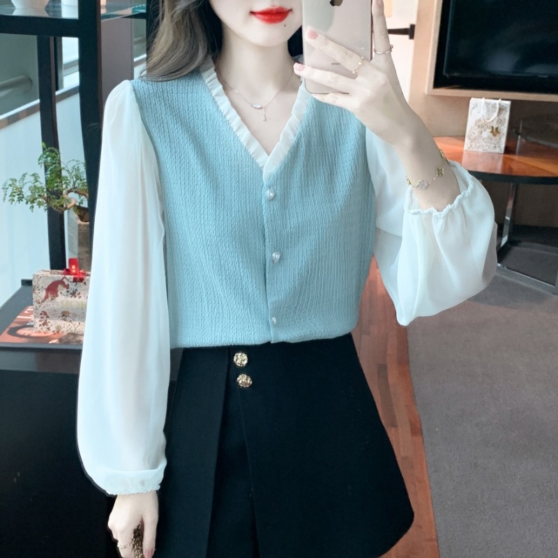 Puff sleeve V-neck chiffon shirt spring shirt