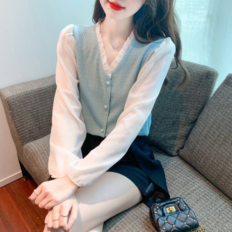 Puff sleeve V-neck chiffon shirt spring shirt