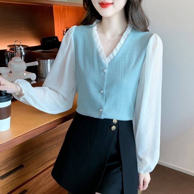 Puff sleeve V-neck chiffon shirt spring shirt