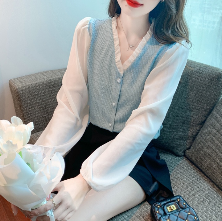 Puff sleeve V-neck chiffon shirt spring shirt