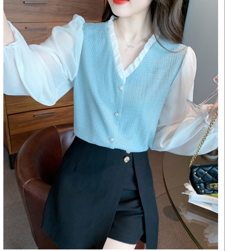 Puff sleeve V-neck chiffon shirt spring shirt