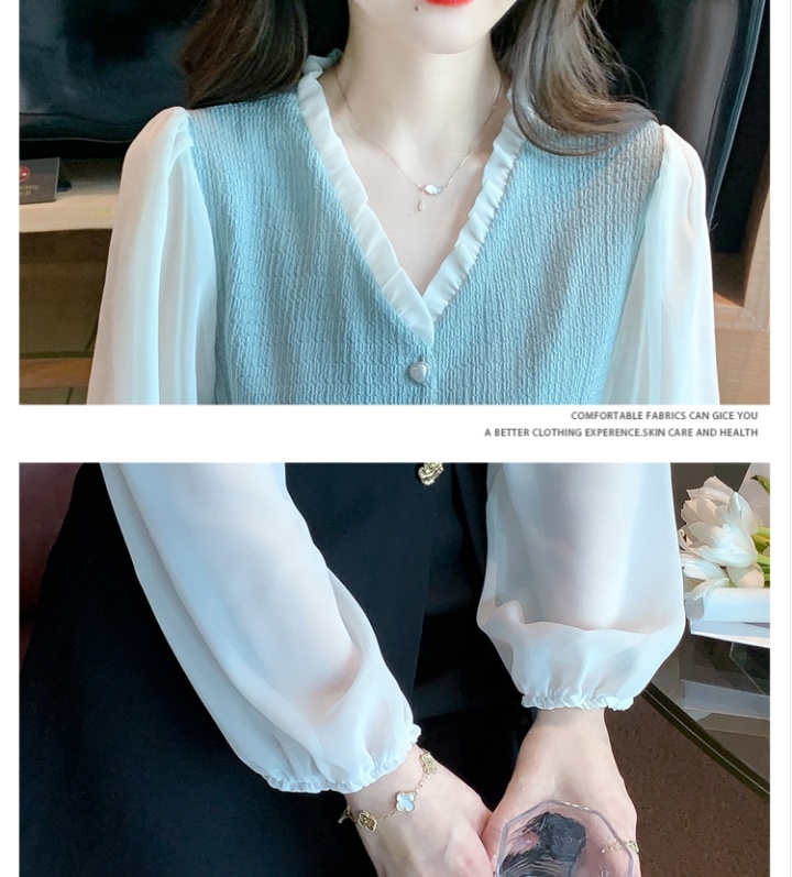 Puff sleeve V-neck chiffon shirt spring shirt