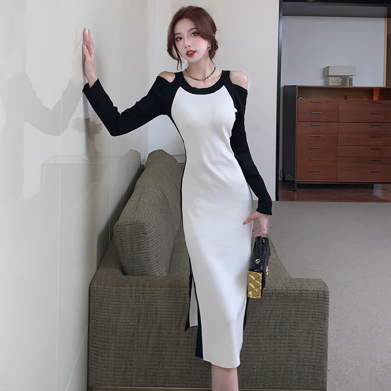 Long sleeve package hip split knitted strapless slim dress