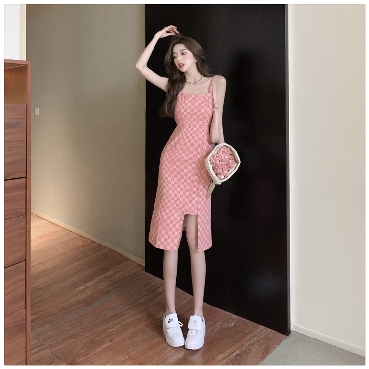Pink sling long dress spring and summer denim dress