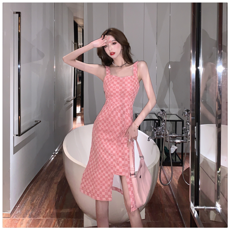 Pink sling long dress spring and summer denim dress