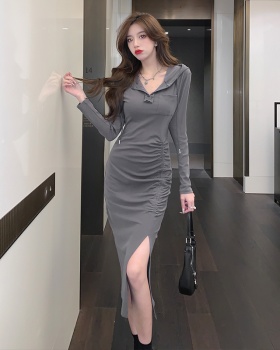 Split long sleeve sexy spring folds long slim dress
