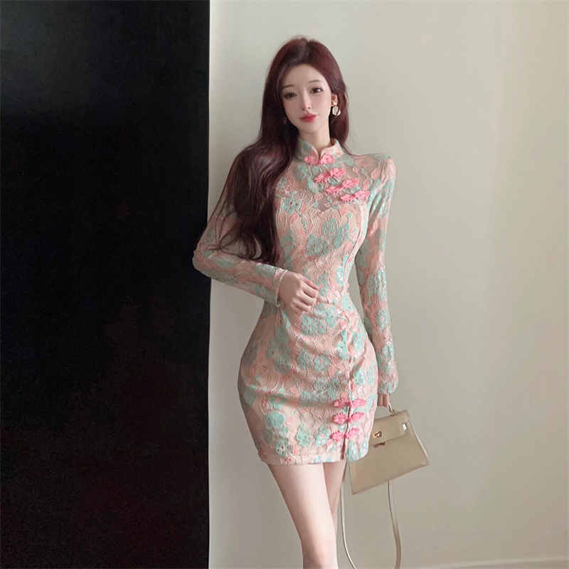Lace slim dress retro cheongsam