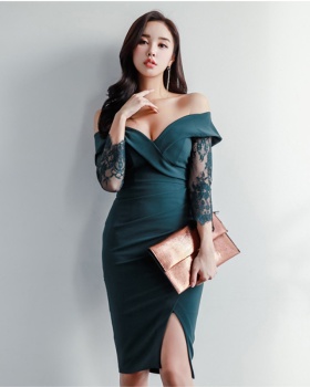 Temperament lace Korean style horizontal collar dress