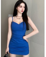 Sexy package hip pinched waist blue tight sling summer dress