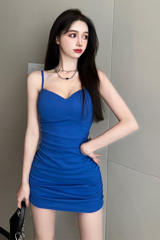 Sexy package hip pinched waist blue tight sling summer dress