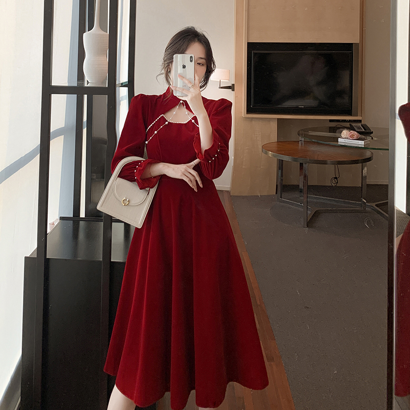 Wine-red wedding cheongsam velvet winter dress for women