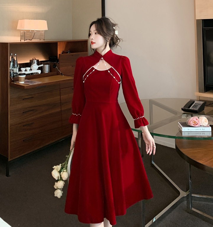 Wine-red wedding cheongsam velvet winter dress for women