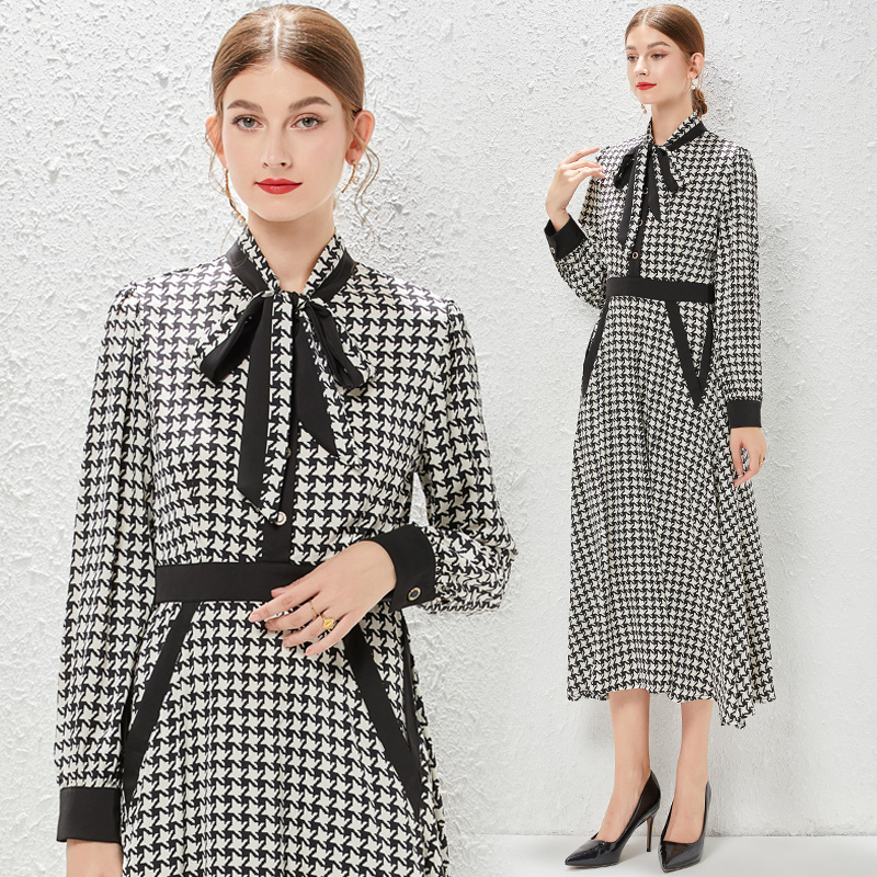 Black-white houndstooth France style temperament long dress
