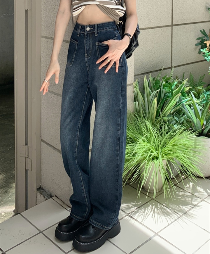 High waist straight denim all-match long pants