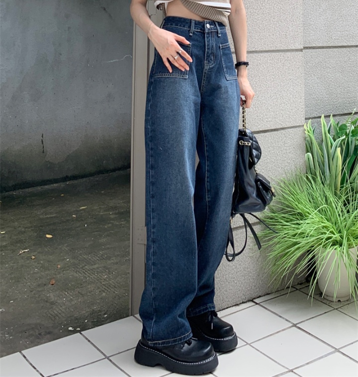 High waist straight denim all-match long pants