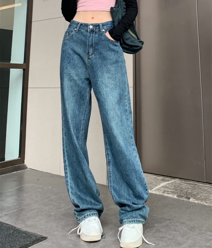 Straight pants embroidered high waist retro washed loose jeans