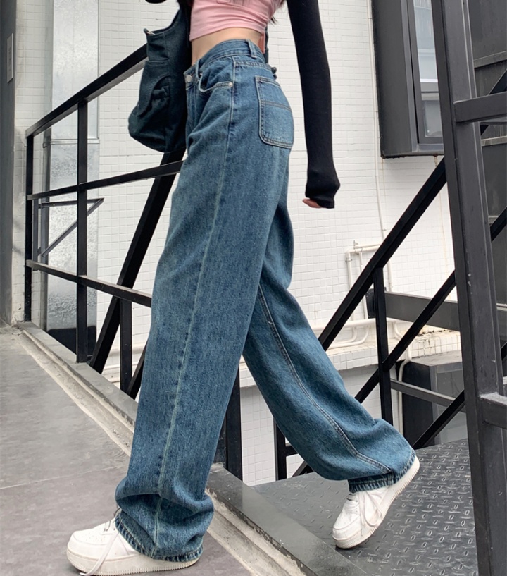 Straight pants embroidered high waist retro washed loose jeans