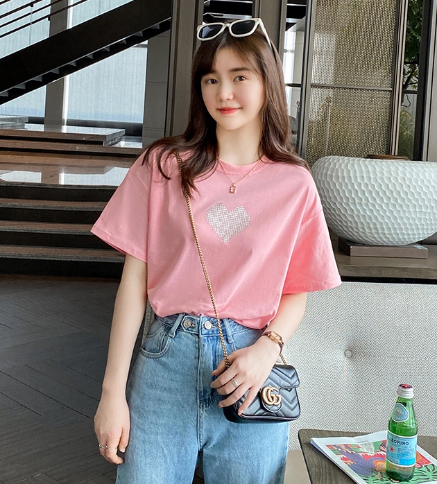 Pink summer rhinestone tops short sleeve long T-shirt