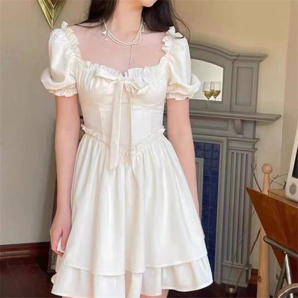 Summer beautiful pure dress maiden puff sleeve T-back