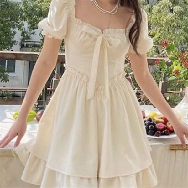 Summer beautiful pure dress maiden puff sleeve T-back